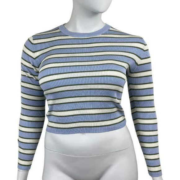 Zara Tops - Zara Womens Size XL Blue Ribbed Striped Cropped Pullover NEW Crewneck Sweatshirt